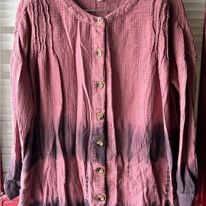 Women's Button-Front Gauze Top in Rose Pink with Ombre Detail.